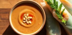 A small ceramic bowl of creamy Vietnamese peanut sauce topped with crushed peanuts on a wooden table.