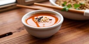 A glass bowl of homemade sesame sauce topped with toasted seeds.