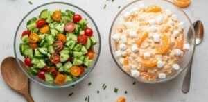 Close-up of a savory cottage cheese salad with vegetables next to a sweet cottage cheese Jello salad with fruit, on a kitchen counter.