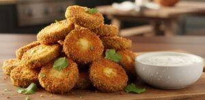 Crispy fried jalapeno slices with ranch dip on a wooden board, perfect for a seasonal appetizer.