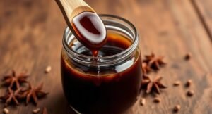 A glass jar filled with thick homemade sweet soy sauce and a wooden dipper showing its syrupy texture.