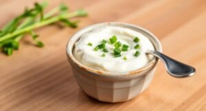 A small bowl of creamy horseradish mayo garnished with fresh chives, next to a spoon.