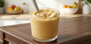 A delicious and creamy peanut paradise tropical smoothie in a glass, ready to drink.