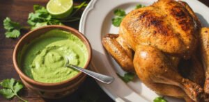 A creamy bowl of Peruvian green sauce served with rotisserie chicken.