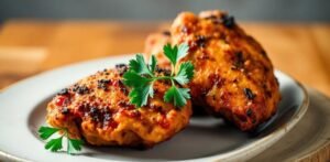 A close-up shot of crispy and juicy air fryer chicken thighs garnished with fresh parsley on a plate.