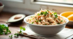 A delicious bowl of healthy chicken salad with fresh herbs and Greek yogurt dressing on a rustic wooden table.