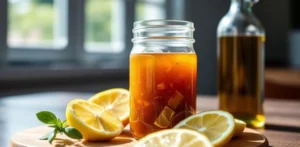 A glass jar of homemade lemon balsamic vinaigrette on a kitchen counter with fresh lemons.