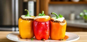 A plate of three colorful stuffed bell peppers without rice topped with melted mozzarella cheese and fresh herbs.