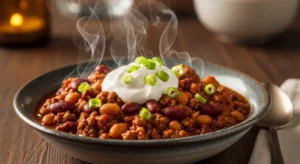 A steaming bowl of thick high protein chili topped with green onions and Greek yogurt on a rustic wooden table.