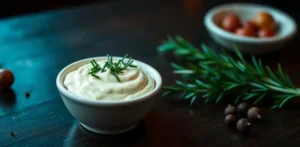 A small glass bowl of creamy horseradish aioli garnished with fresh chives on a rustic wooden board.